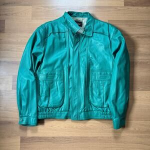 Men's Vintage 1980s Virany Italy Green Leather Zip Up Bomber Jacket Sz 40 Medium